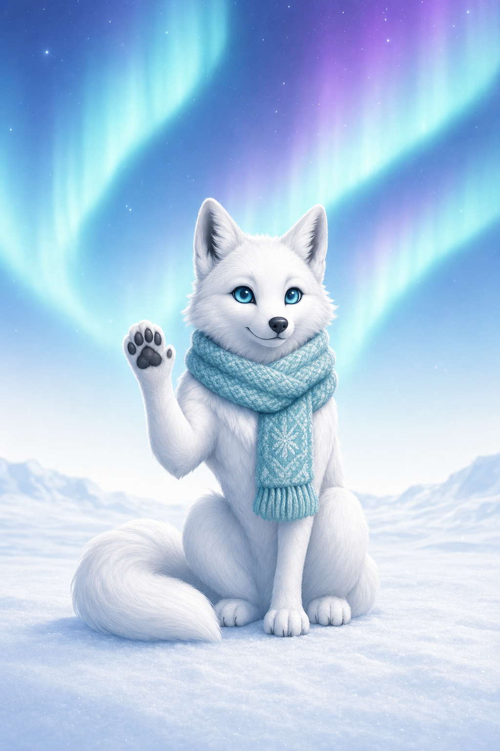 Frost the arctic fox mascot waving a welcome